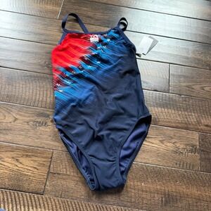 TYR Women Diamondfit Valiance One Piece Swimsuit Navy Red Star Print Size 36 L